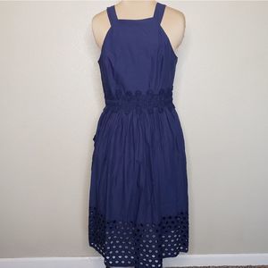 Vince Camuto Embroidered Eyelet A-line Sleeveless Midi Dress 10 Navy Blue
